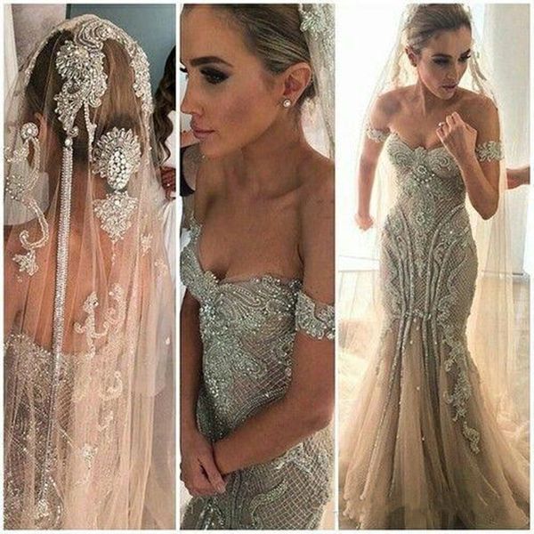

2019 new champagne mermaid wedding dresses off shoulder backless bridal gowns sweep train lace wedding dress with crystals custom made, White