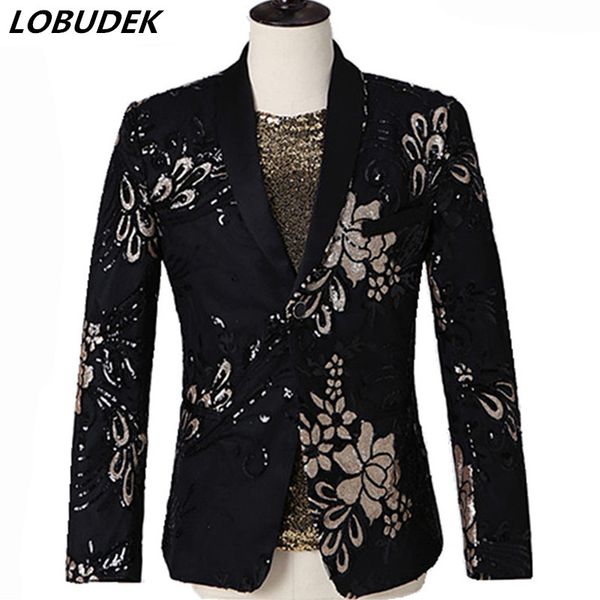 

golden black sequins suits performance clothes male singer stage host chorus costume fashion slim plus size casual suit 2 pieces, White;black