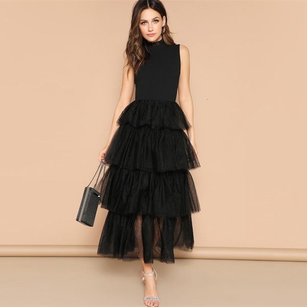 

женская одежда черного платья без рукавов черного layered contrast mesh сборки хем партии платье 2019 лета элегантных оборки шея maxi платья, Black;gray