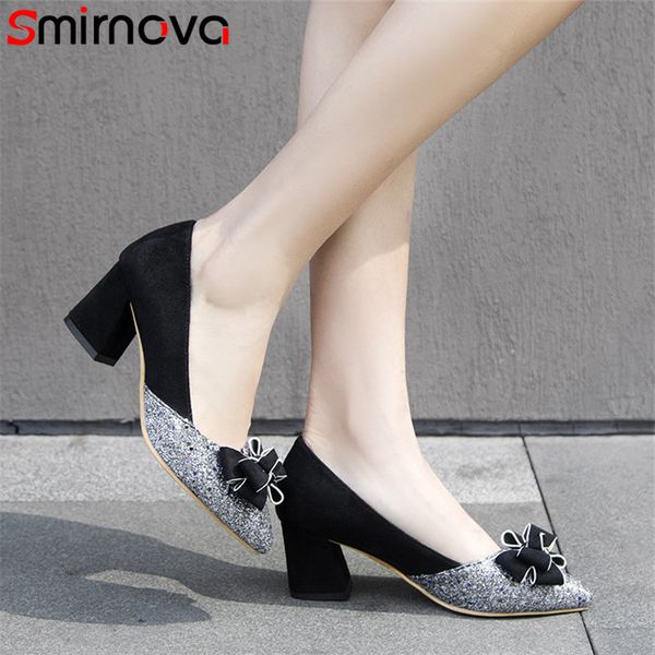 

smirnova 2019 new arrival women pumps mixed colors spring summer single shoes bowknot high heels party wedding shoes woman, Black