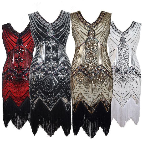 

vintage retro shiny sequin beaded dress front and back v-neck party evening cocktail fashion fringed dress, White;black