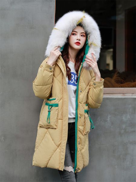 

мода хит цвет карманы зима большой меховой воротник хлопок женщины одежды 2019 новый корейский длинные parka сыпучие пальто зимы outwear f17, Black