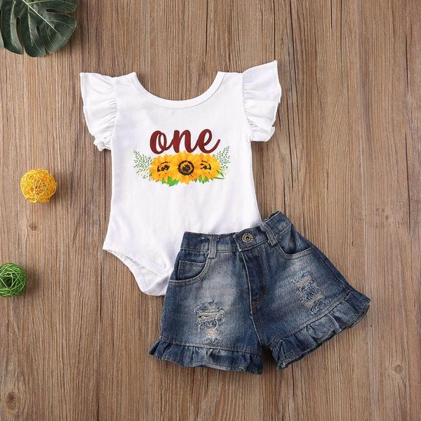 

pudcoco newborn baby girl clothes summer one flower print sleeve romper denim short pants 2pcs outfits clothes set, White