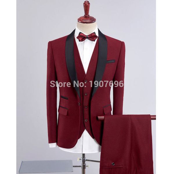

three piece burgundy wedding men suits 2019 black satin shawl lapel slim fit jacket pants vest man blazer groom tuxedos, White;black
