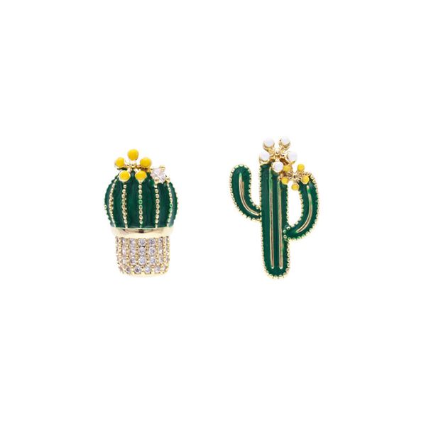 

korea delicate plant flower cactus earrings stud simple trends sweet cute asymmetric woman earrings jewelry, Golden;silver