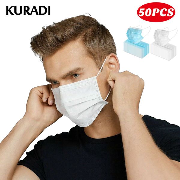 

ce 50pcs 3ply white masks ear loop anti virus dust filter elastic protection face mouth mask disposable blue