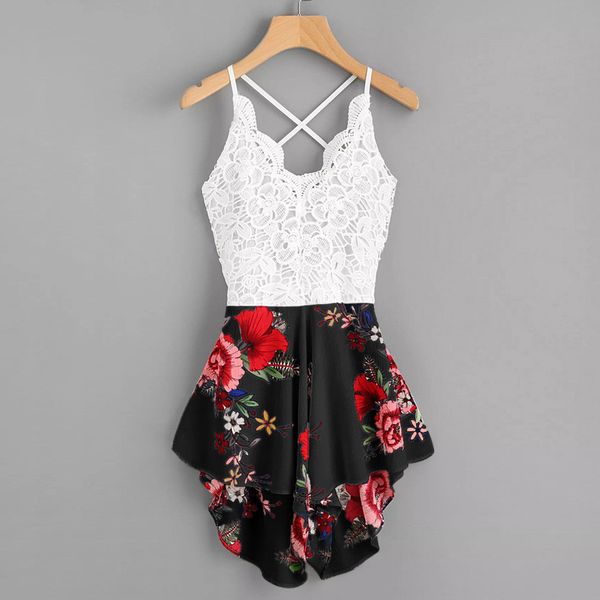 

feitong women's playsuit summer ladies crochet lace panel bow tie back florals shorts jumpsuit macacao feminino overalls, Black;white
