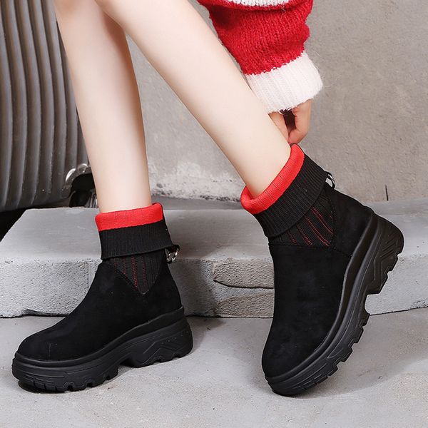 

women's socks boots suede short boot winter lady stylish slip-on mid tube shoes cuffed mid heels botas warm fur boot new, Black