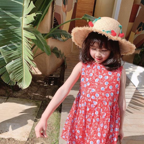 

baby girls dresses red cherry pattern printed sleeveless vest dress cotton comfortable summer dress for girls, Red;yellow