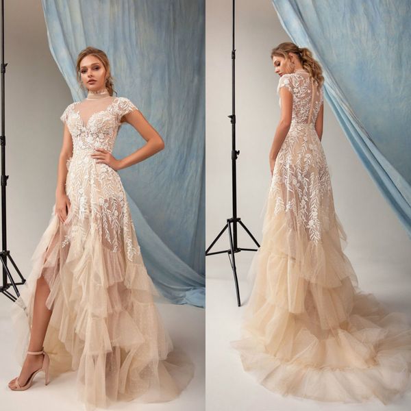 

eva lendel wedding dresses high collar short sleeve lace appliques beads bridal gowns custom made sweep train a-line wedding dress, White