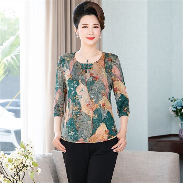 

large size middle-aged and t-shirt buttons button elderly women's wear loose button round collar t-shirt mother's wear short sleev, White