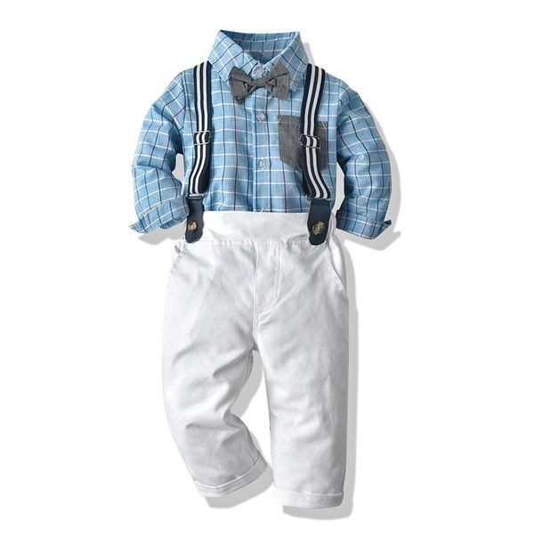 

детская одежда мальчики весна и осень одежда клетчатый кардиган лацкан рубашка ремень брюки джентльмен с длинными рукавами футболка детский, White
