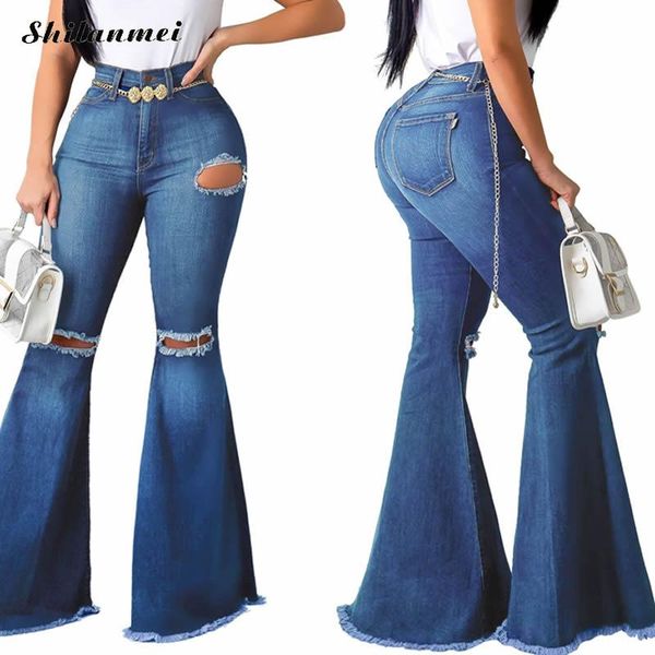 

women's jeans summer autumn plus size flare pants women fashion ripped high waist wide leg holes denim trousers 3xl, Blue
