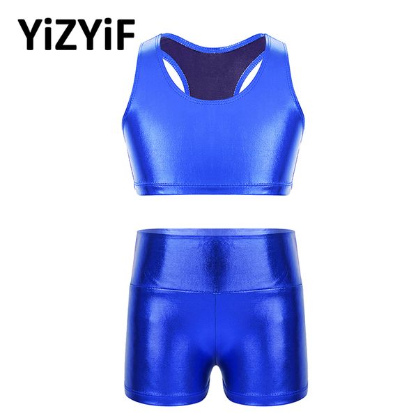 

running sets kids grils sportwear outfit workout clothes gym fitness activewear shiny metallic sleeveless crop with high waist shorts se, Black;blue