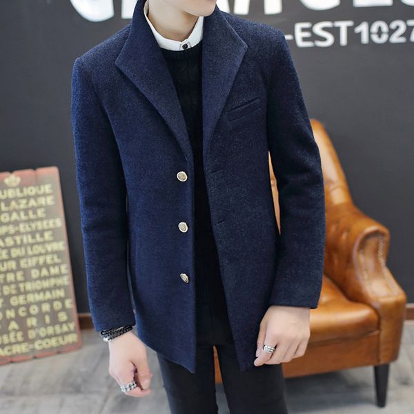 

2019 new winter fashion men's solid color single-breasted coat male casual slim fit male long woolen cloth standard coat s-3xl, Black