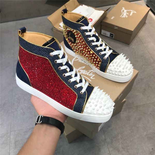 

version luxury fashion rivet men's shoes stitching graffiti high-shoes red bottom couple rhinestone women's shoes size 35-47 01, Black