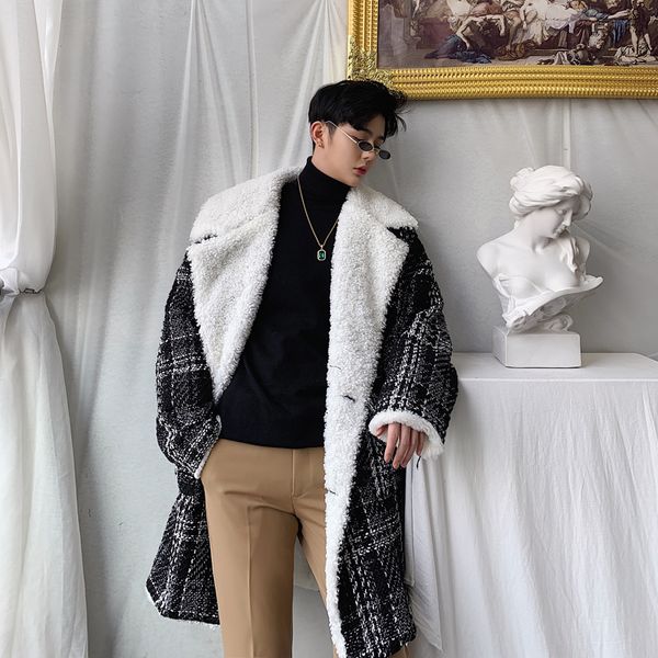 

new winter personality lapel men's fashion mid-length lambskin coat trend men's plus velvet windbreaker jacket, Black