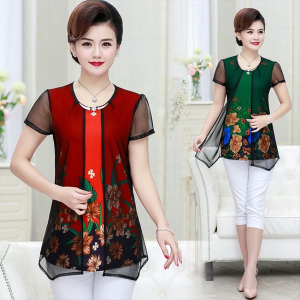 

middle-aged women's clothing t- summer clothes fake two-piece t-shirt large size mom loose slim mesh chiffon shirt medium and long top, White