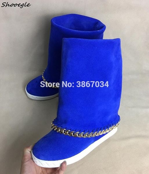 

shooegle autumn winter mid-calf boots women height increasing boots chains embellished wedge blue black quality