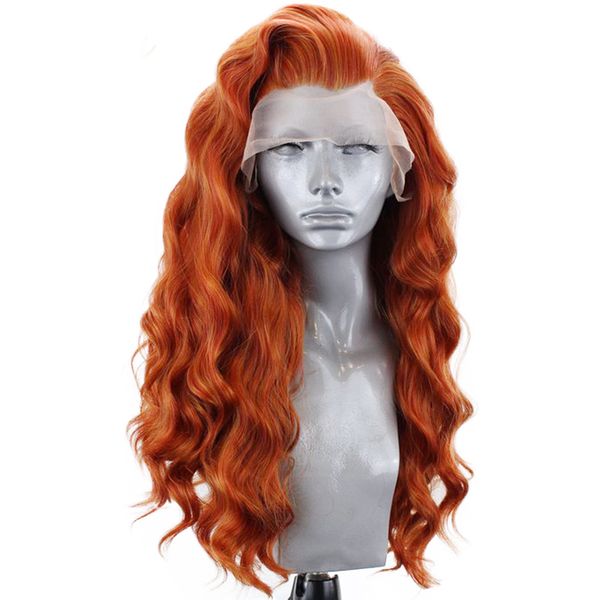 

charisma auburn orange high temperature hair 26 inches long deep wave wigs synthetic lace front wig for women side part, Black