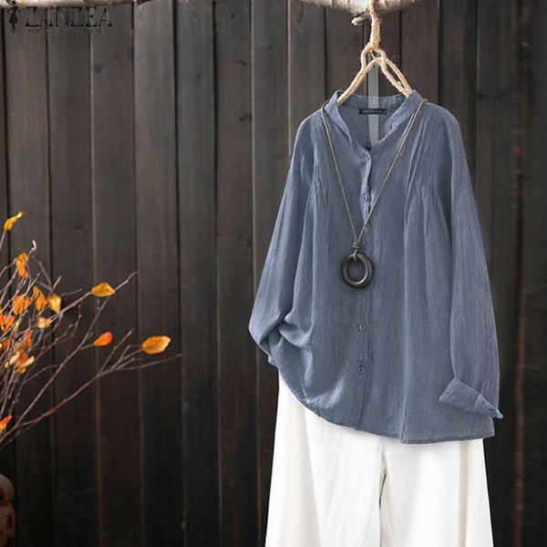 

zanzea autumn women blouse long sleeve buttons down shirt vintage solid tunic plus size blusas femininas chemise work shirt, White
