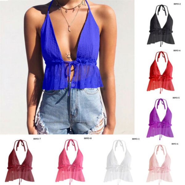 

mesh strap camis tank womens backless crop summer bandage halterneck mesh strap holiday beach, White