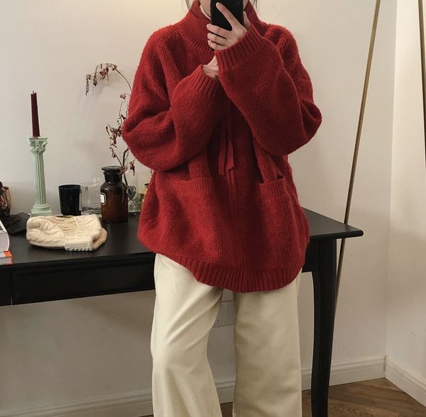 

winter 2020 south korea high collar casual coat loose dresses lady pure color sweater dress, White;black
