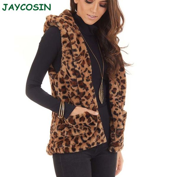 

jaycosin одежда зимы женщин warm рукавов леопардовый с капюшоном куртки пальто 2019 мода с длинным рукавом из искусственного меха жилет top, Black;white