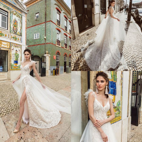 

side split 2019 wedding dresses spaghetti neck lace appliqued sweep train beach boho country style plus size wedding dress bridal gowns, White