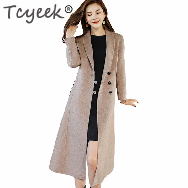 

tcyeek elegant winter coat women clothes 2019 korean vintage wool coat female slim fit ladies cashmere long jacket hiver 18205, Black
