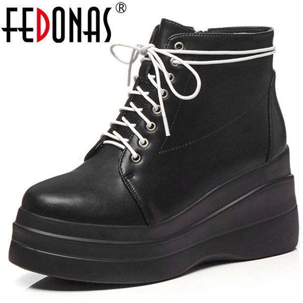 

fedonas fashion punk women genuine leather ankle boots wedges high heels corss-tied ladies shoes woman party night club boots, Black