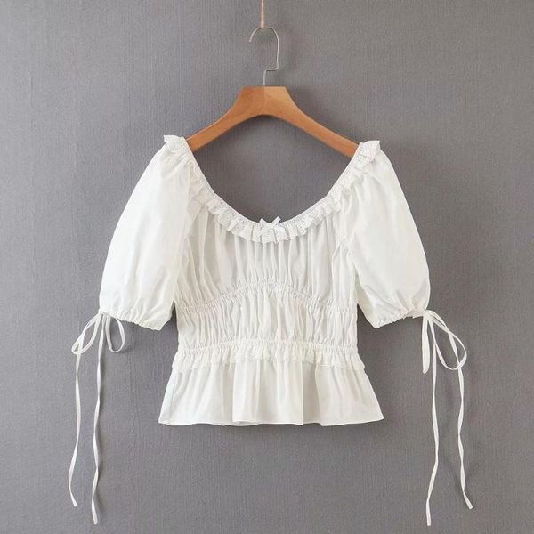 

new 2020 women sweet lace decoratoin pleats solid smock blouse female vintage puff sleeve ruffles shirts chic blusas ls6690, White