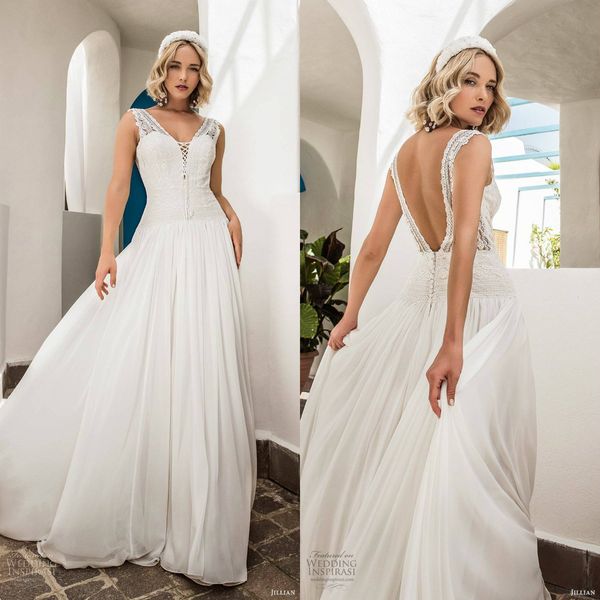 

inbal raviv 2020 boho wedding dresses crochet lace chiffon flowing v neck backless beach bridal dress custom made bohemian wedding gowns, White
