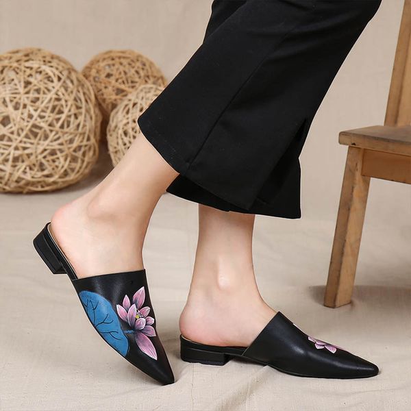 

slippers vallu 2021 summer retro ethnic style white shoes female painted lotus cool fashion outdoor, Black