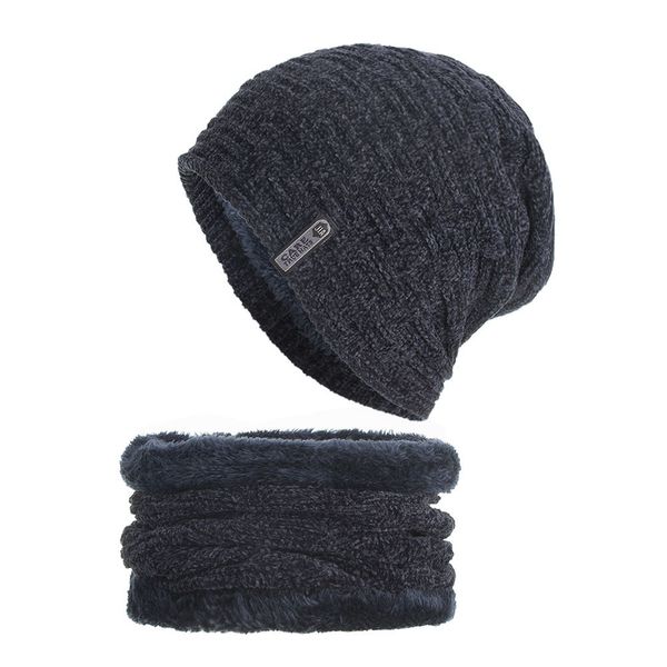 

brand new men elastic knitted 100% cotton 6 colors hat neckerchief set 2 pcs skull caps for sale, Blue;gray