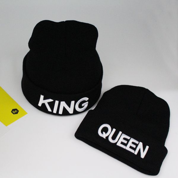 

knb010 winter men and women embroidery knitted hat autumn black king queen solid curled beanies skullies