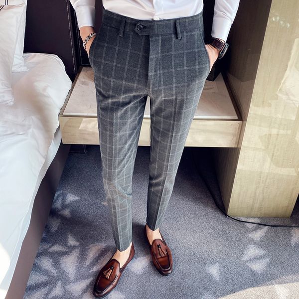 

plaid pants men spring business dress pants formal office social suits classic slim fit wedding trousers 38, White;black