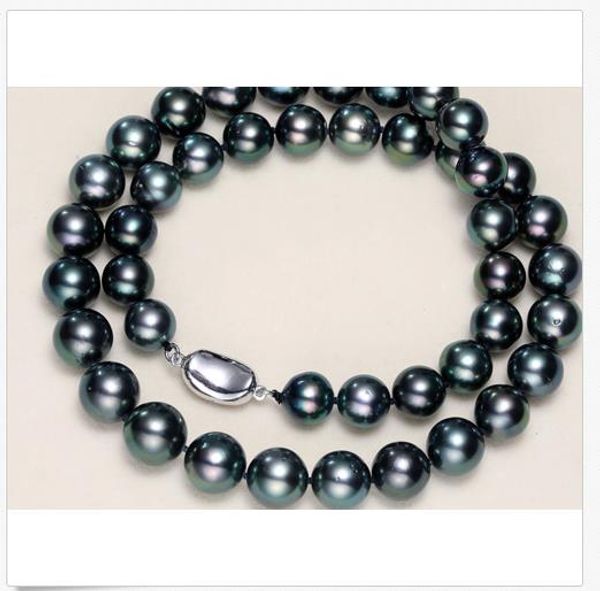 

2019 stunning 10-11mm tahitian round black green pearl necklace 18inch 925s, Silver