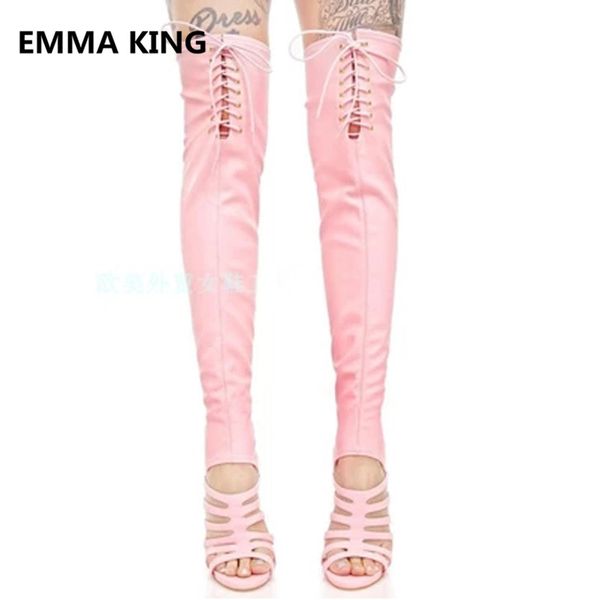 

2019 stretch women summer over the knee boots pink sweet hollow ladies high heels shoes woman cross-tied gladiator sandals boots, Black