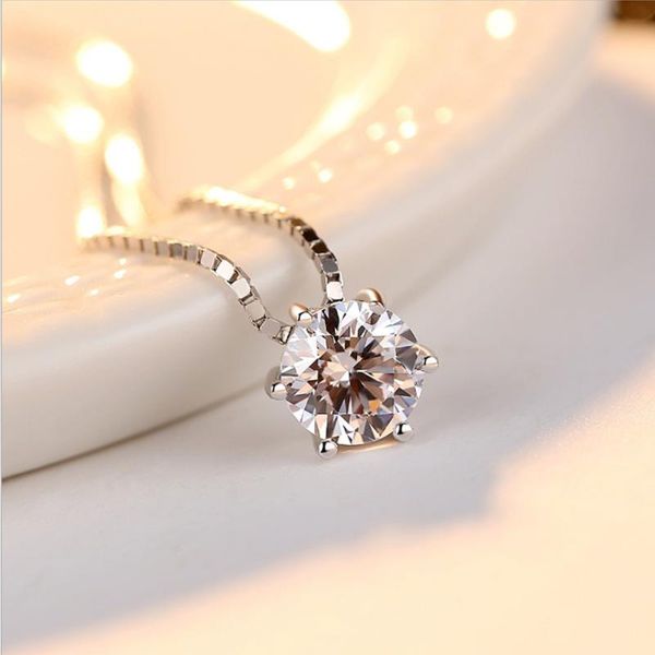 

2020 female classic six claw design big round zircon crystal pendant necklace silver color clavicle chain necklaces for women