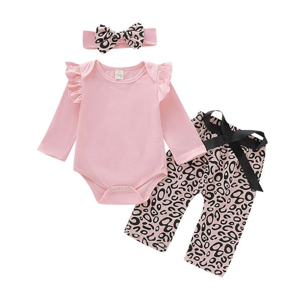 

fashion baby girls clothes set autumn newborn baby girl clothing solid rompers headband leopard print pants 3pcs outfits new1, White