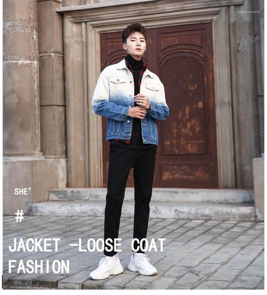 

jeans jackets long sleeve lapel neck mens loose casual outerwear gradient males jackets with single breasted color matching mens, Black;brown