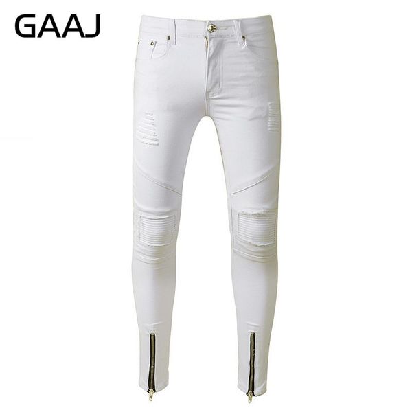 

gaaj ripped patchwork zipper jeans men white black blue skinny jeans beggar style attrit pants motorcycle biker