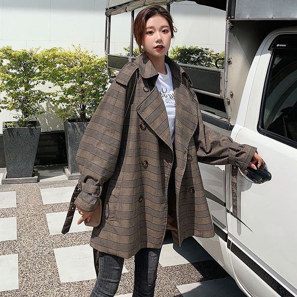 

temperament plaid double-breasted trench coat for women autumn and spring new 2019 windbreaker female z780, Tan;black