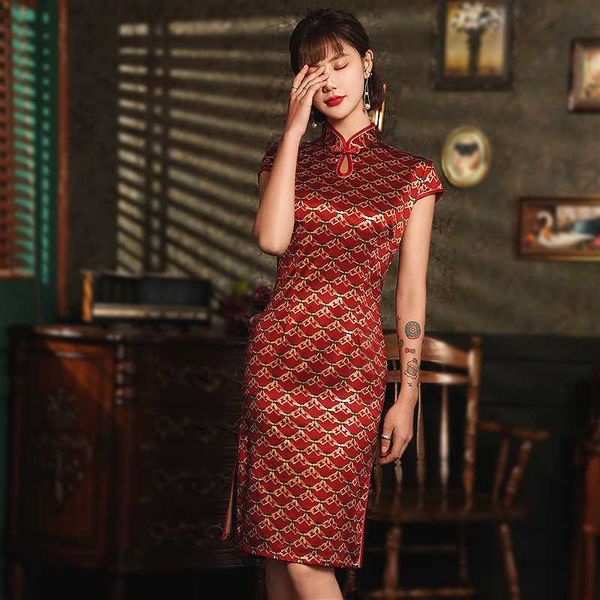 

ethnic clothing sheng coco ladies silk cheongsam dresses style slim banquet dress chinese vintage water droplets collar 4xl improved, Red