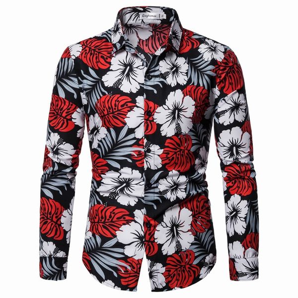 

2019 summer new simple casual fashion personality floral print square collar row button large size men's long-sleeve shirt, White;black