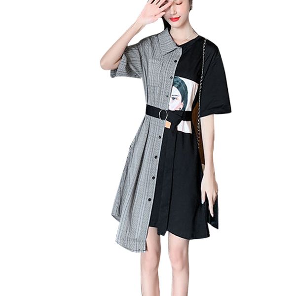

casual dresses women's spring summer style cotton dress button asymmetrical patchwork short sleeve elegant ss1971, Black;gray