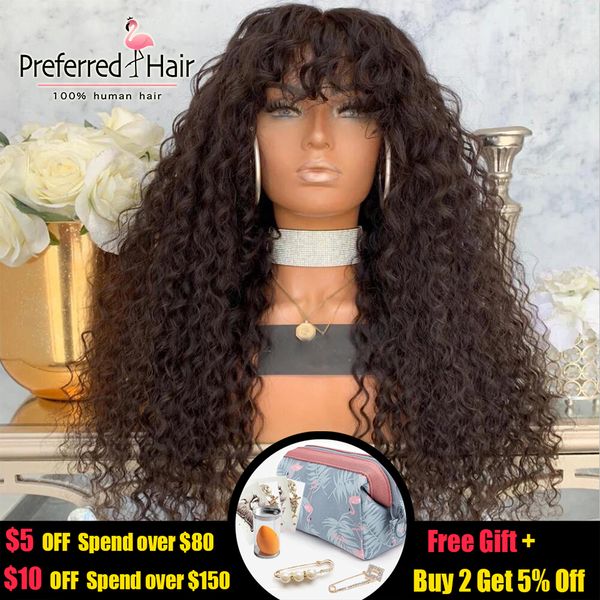 

preferred 250% heavy density curly human hair wig for black women pre plucked brazilian remy hair 360 lace frontal wig with bang, Black;brown