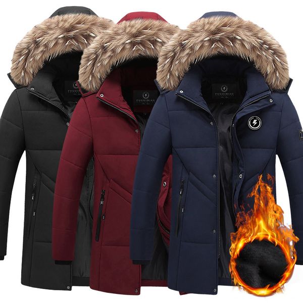 

2019 winter brand men's cotton down fashion casual casual outwear warm polyester male coat fur hooded windproof men jacket, Black