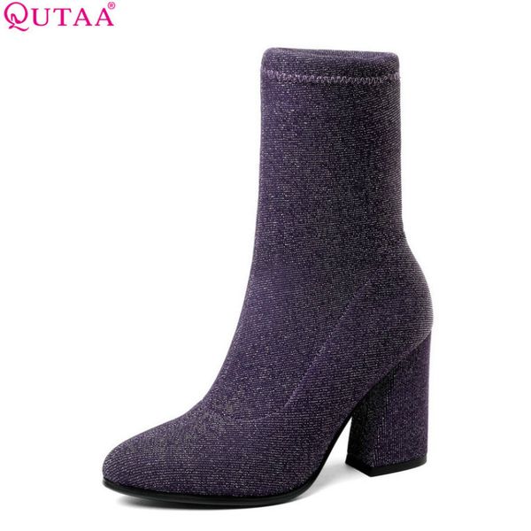 

qutaa 2020 womens shoes mid calf boots square high heel winter sock boots pointed toe stretch platform women size 34-43, Black